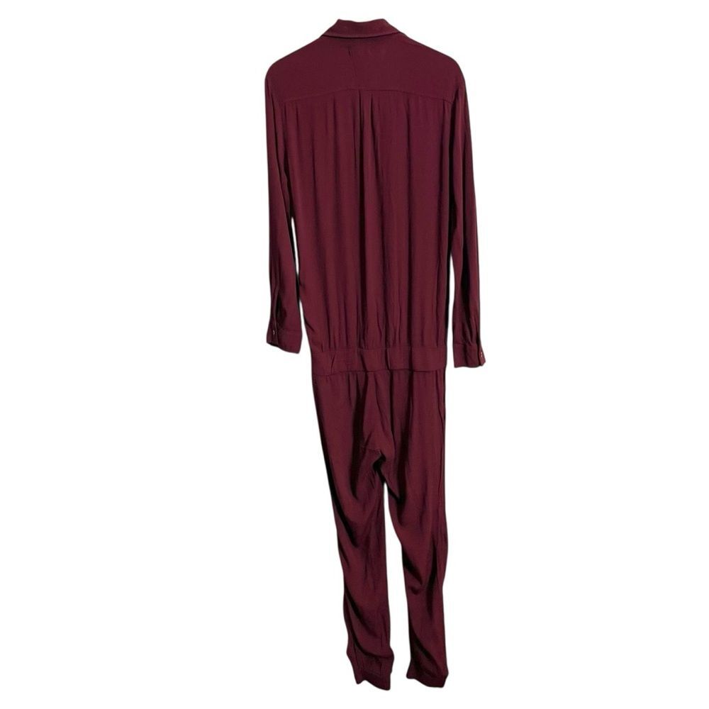 MONROW NWT Crepe Jumpsuit Women’s XS Bordeaux Long Sleeve Button Waist Work - Picture 3 of 12
